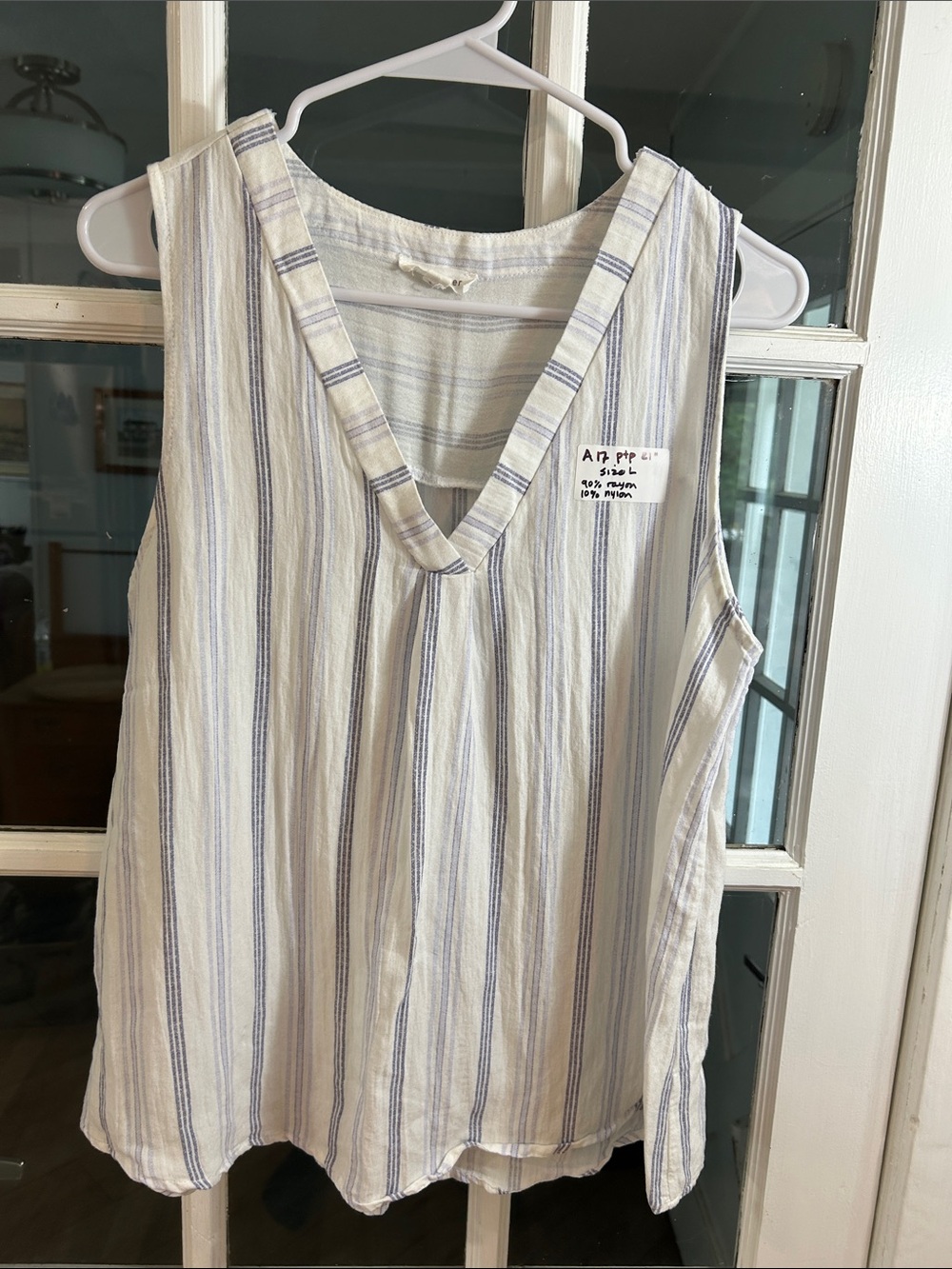 A17.    Lightweight V-Neck Striped Tank Top - Blue & Cream